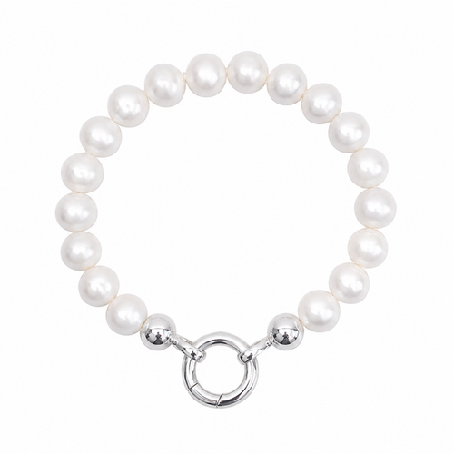 Coastal luxe freshwater pearl bracelet with large sterling silver charm clasp