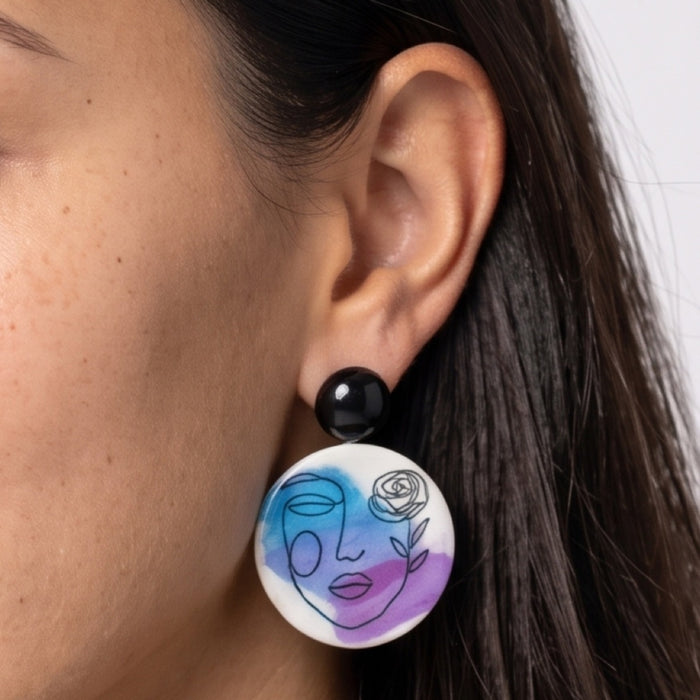 Abstract Face Decoupage Earrings | Blue & Purple Wood Statement Earrings – Sylca Designs