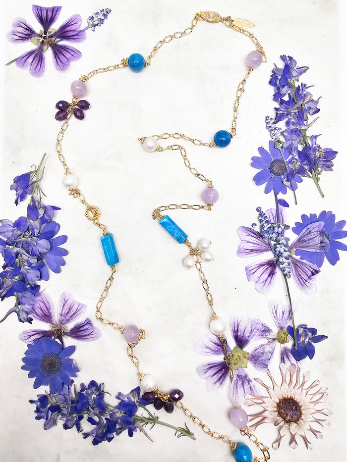 Agate Amethyst Multi Gemstone Station Necklace RN025