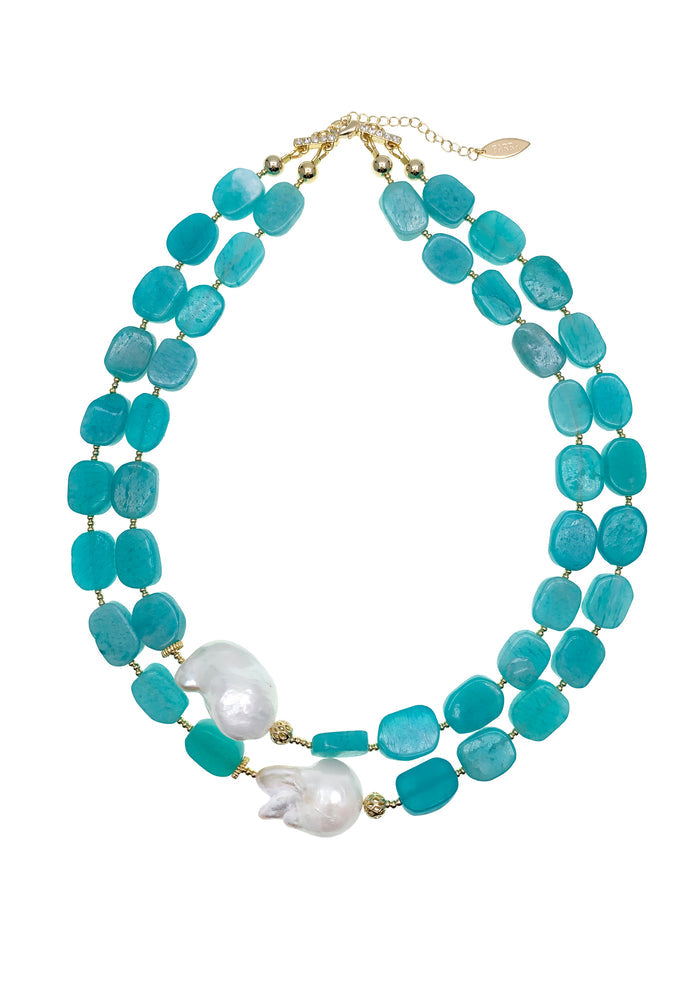 Amazonite With Baroque Pearls Double Layers Necklace GN024 - FARRA