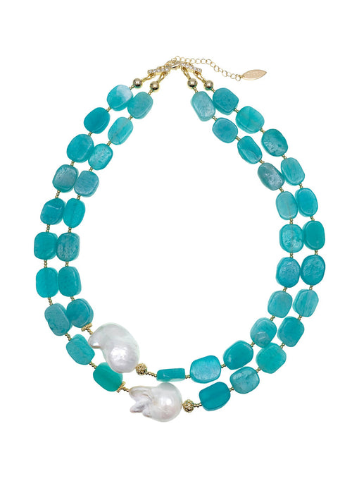 Amazonite With Baroque Pearls Double Layers Necklace GN024 - FARRA