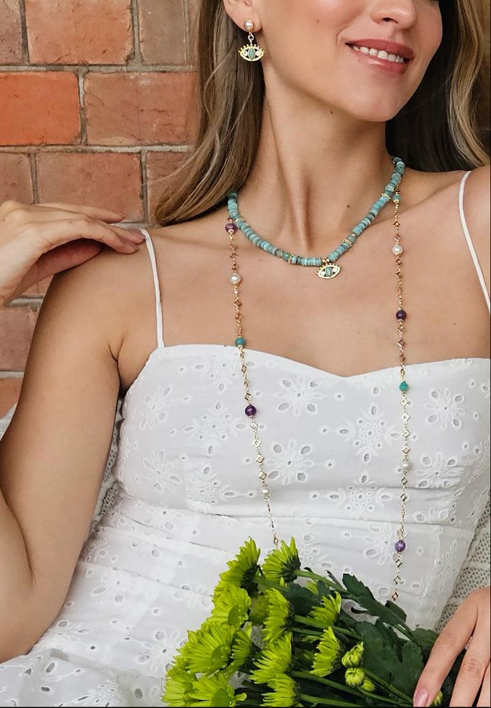 Amethyst Amazonite & Pearl Long Station Necklace RN001