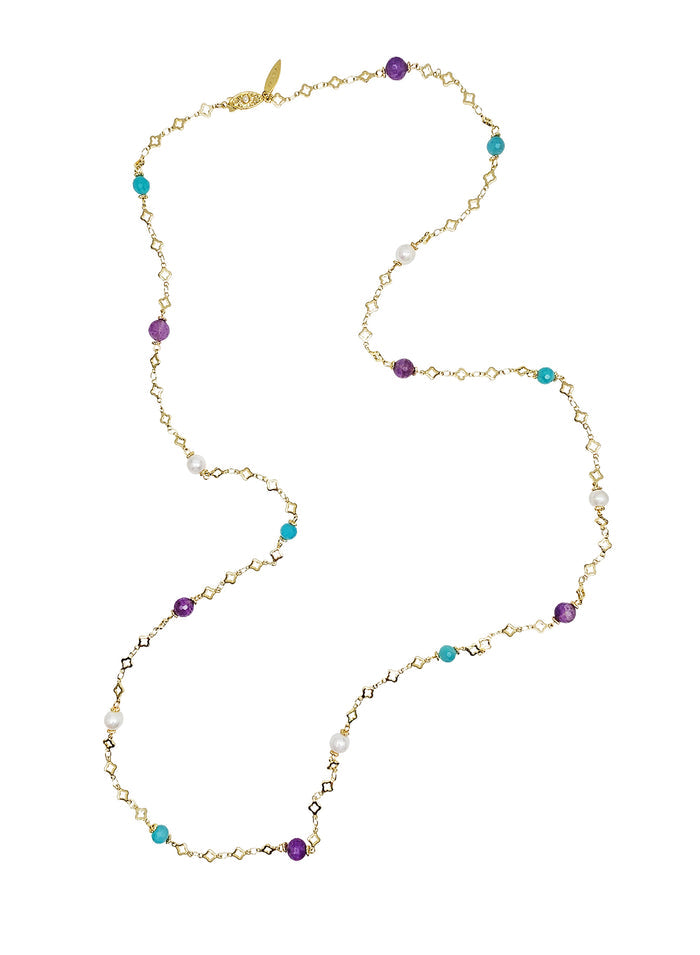 Amethyst Amazonite & Pearl Long Station Necklace RN001