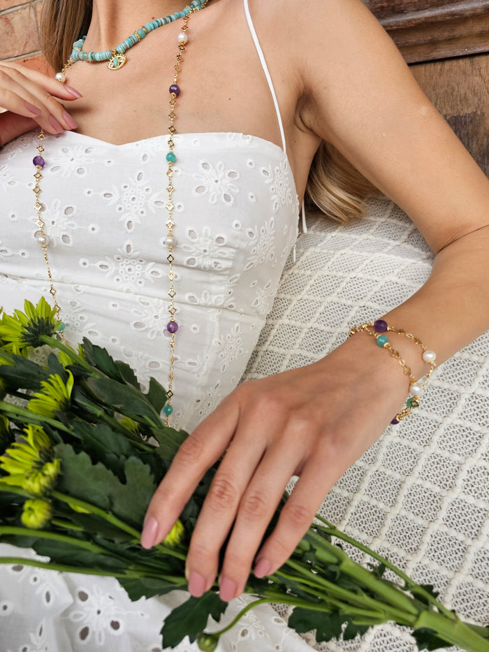 Amethyst Amazonite & Pearl Long Station Necklace RN001