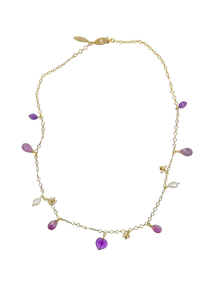 Amethyst and Freshwater Pearl Delicate Charm Necklace LN016 - FARRA