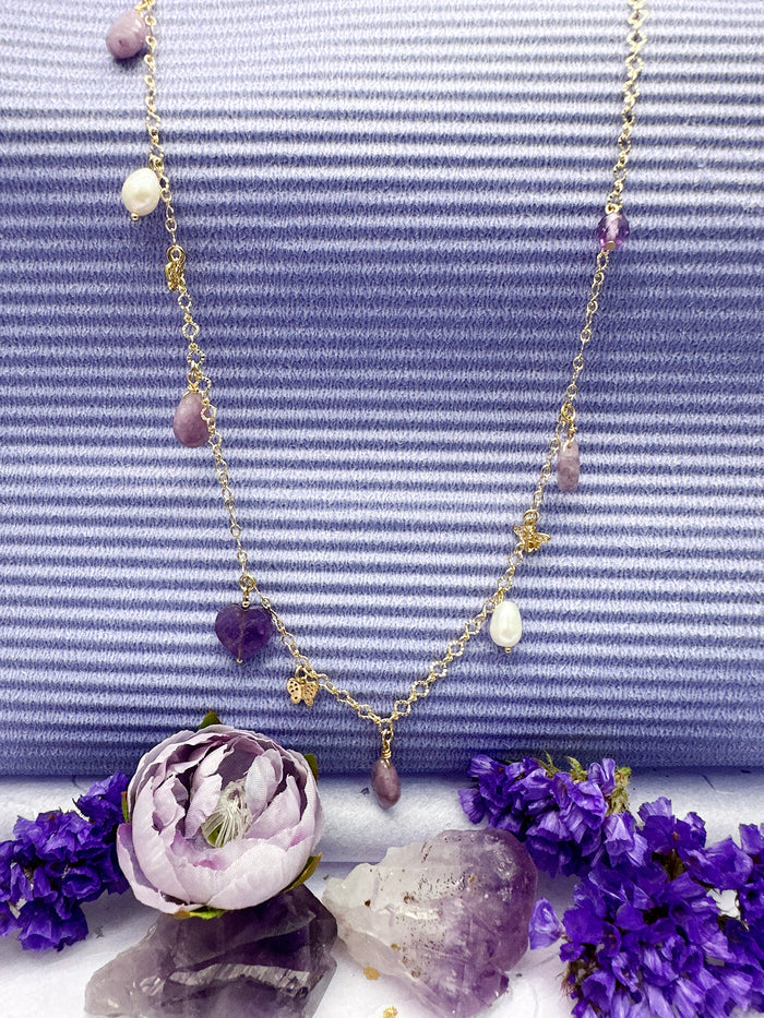 Amethyst and Freshwater Pearl Delicate Charm Necklace LN016