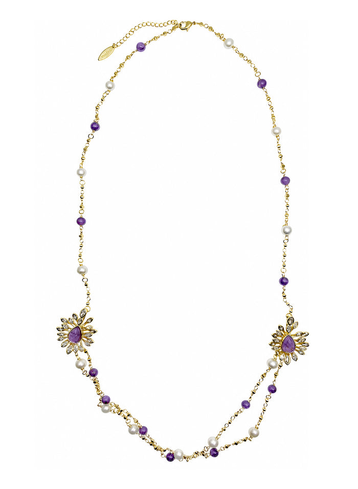 Amethyst And Freshwater Pearl With Flower Pendants Station Necklace SN013