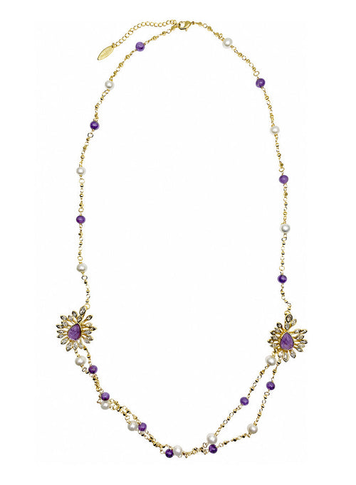 Amethyst And Freshwater Pearl With Flower Pendants Station Necklace SN013