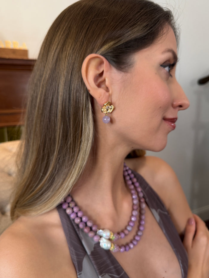 Amethyst Dangle With Flower Stud Earrings RE020