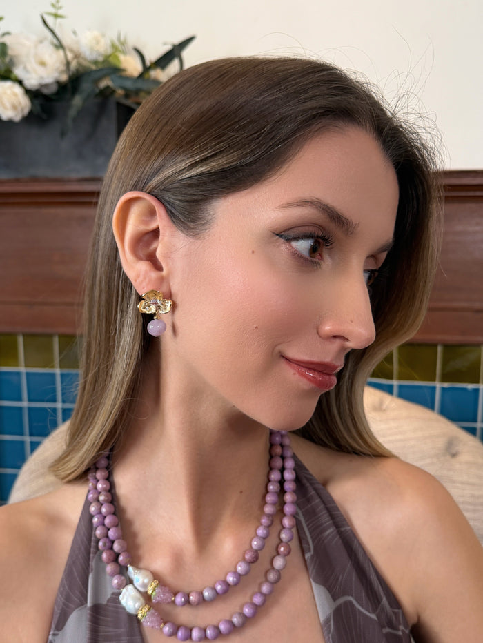 Amethyst Dangle With Flower Stud Earrings RE020