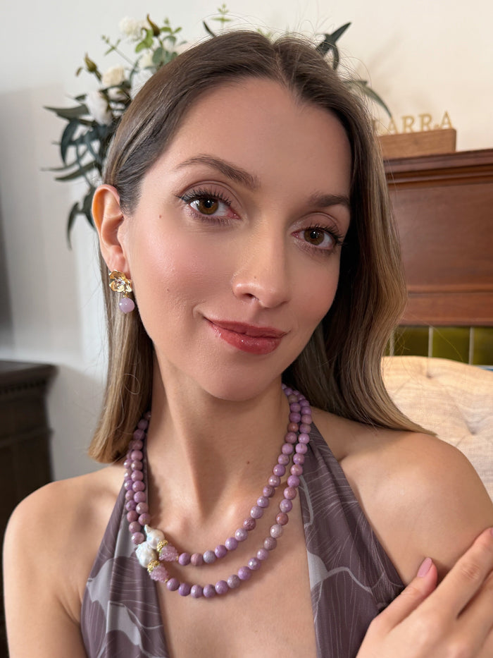 Amethyst Dangle With Flower Stud Earrings RE020