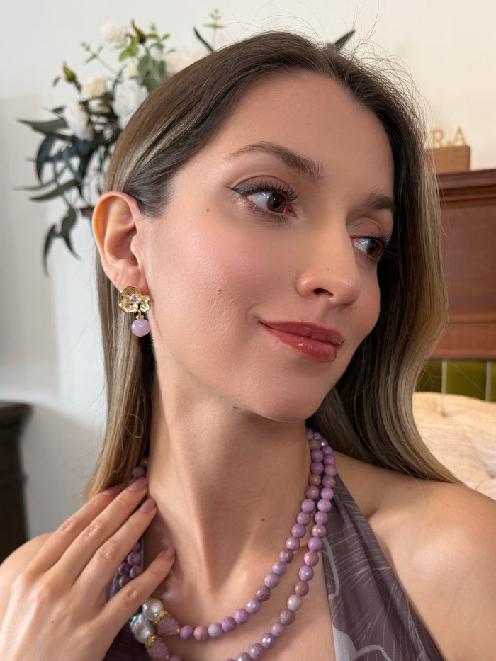 Amethyst Dangle With Flower Stud Earrings RE020
