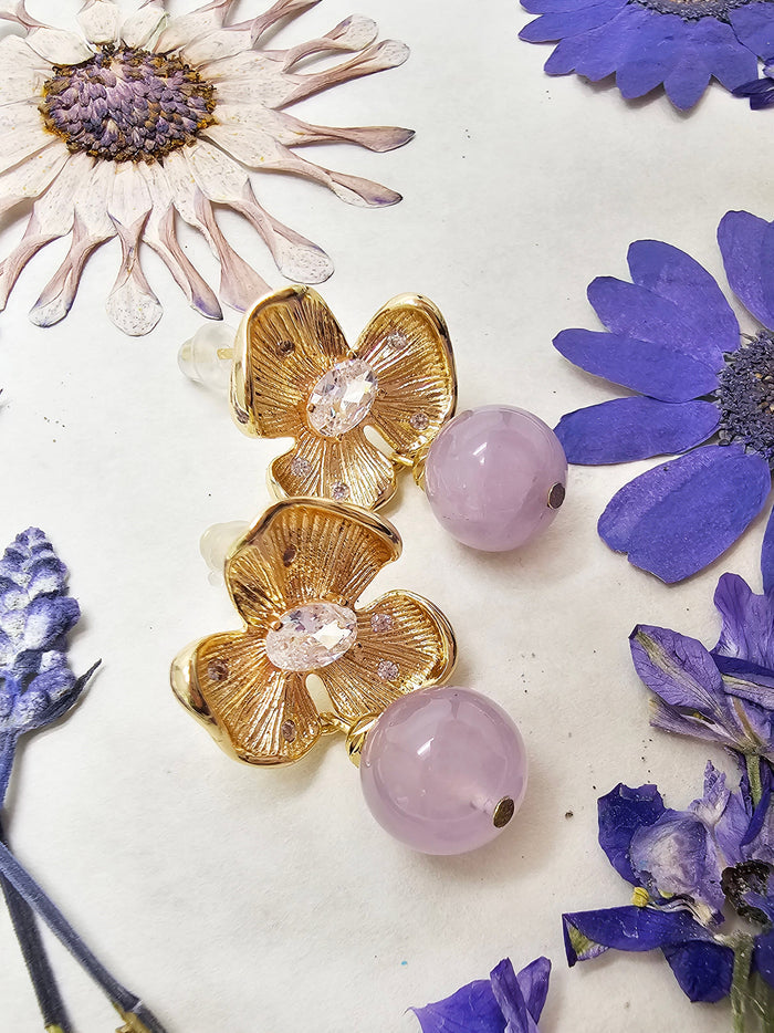 Amethyst Dangle With Flower Stud Earrings RE020