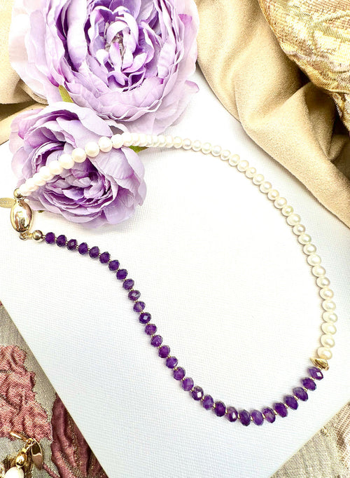 Amethyst & Freshwater Pearls Short Necklace KN043 - FARRA