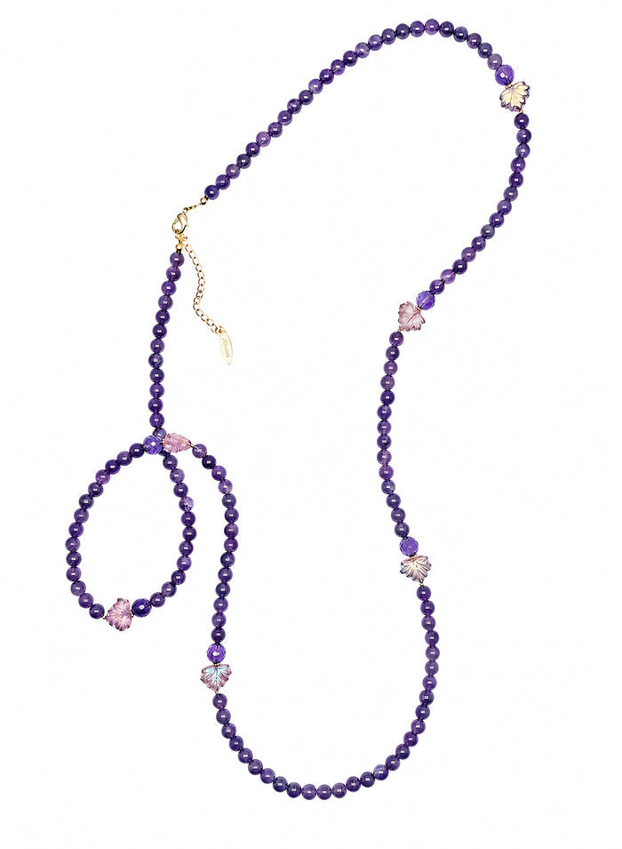 Amethyst Starnd With Leaves Long Necklace SN011