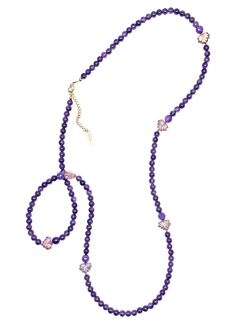 Amethyst Starnd With Leaves Long Necklace SN011