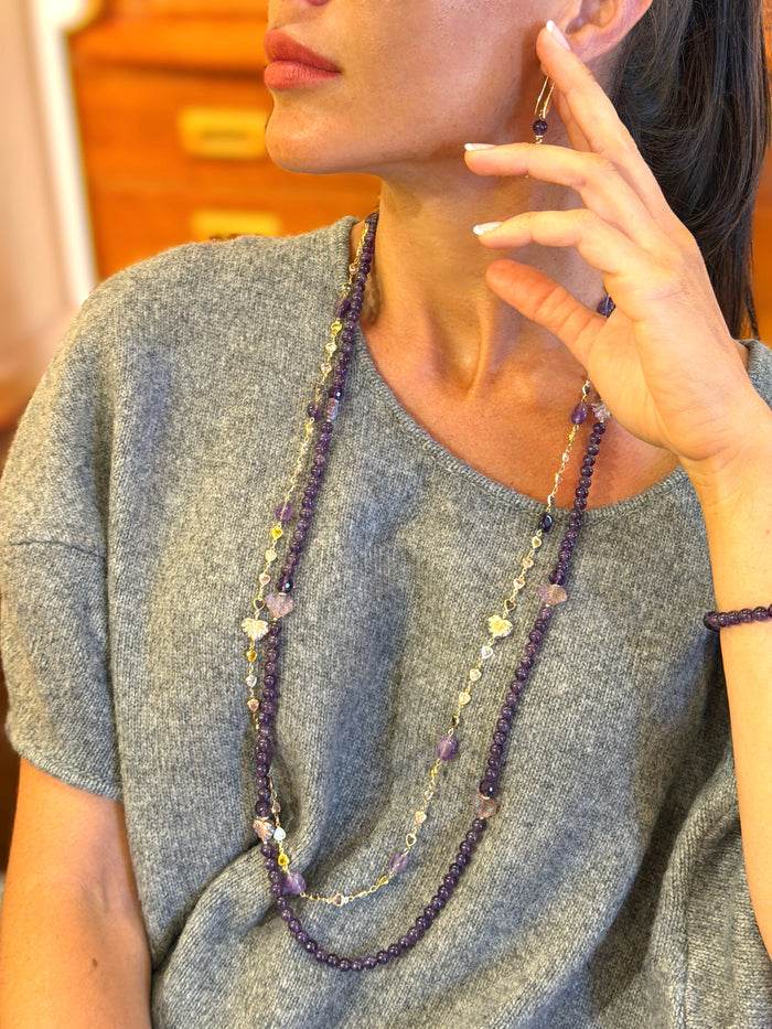 Amethyst Starnd With Leaves Long Necklace SN011