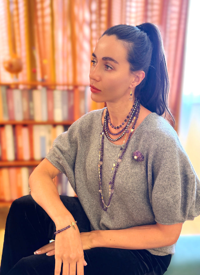 Amethyst Starnd With Leaves Long Necklace SN011