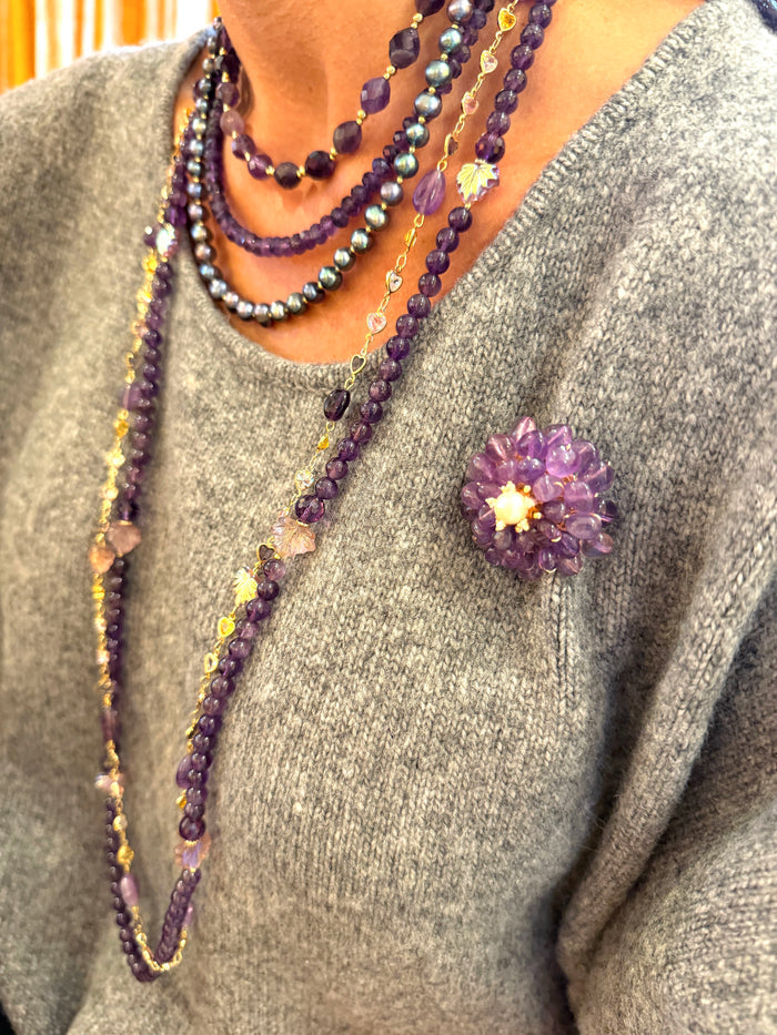 Amethyst Starnd With Leaves Long Necklace SN011