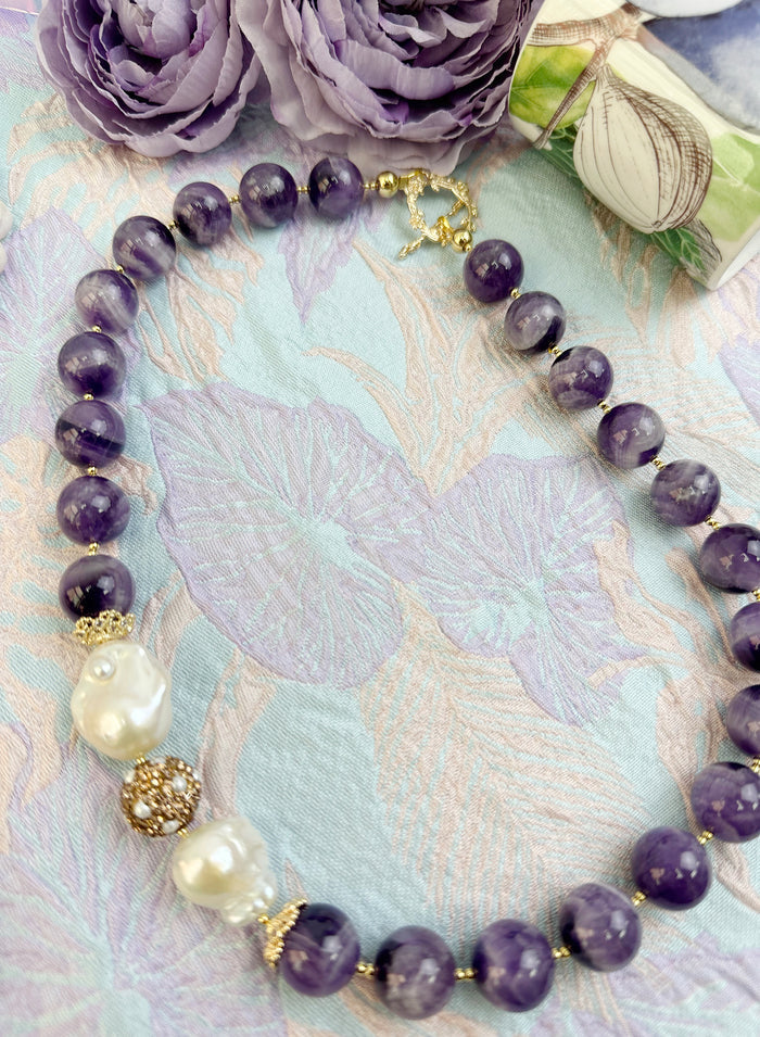 Amethyst With Baroque Pearl Statement Necklace KN046 - FARRA