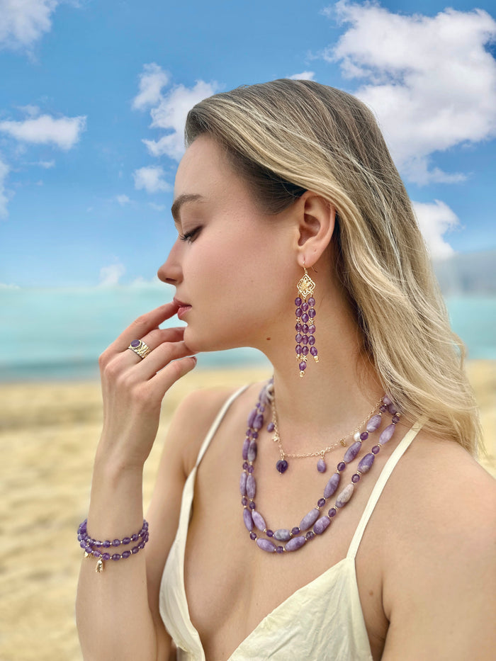 Amethyst with Flower Charms Double Layers Bracelet/ Choker LB005 - FARRA