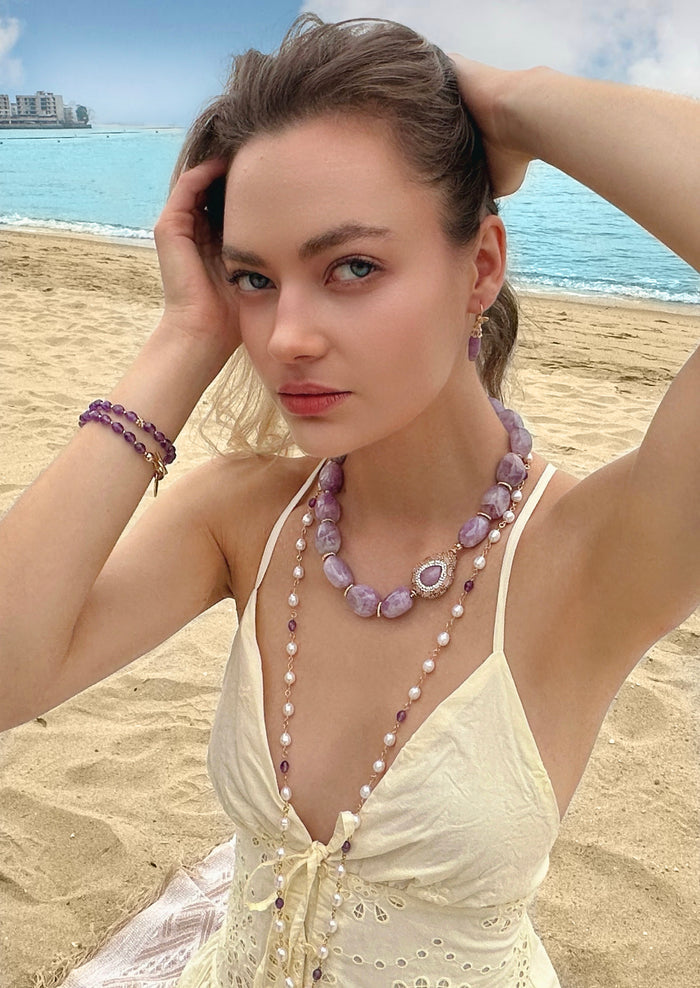 Amethyst With Rhinestone Chunky Statement Necklace LN020 - FARRA