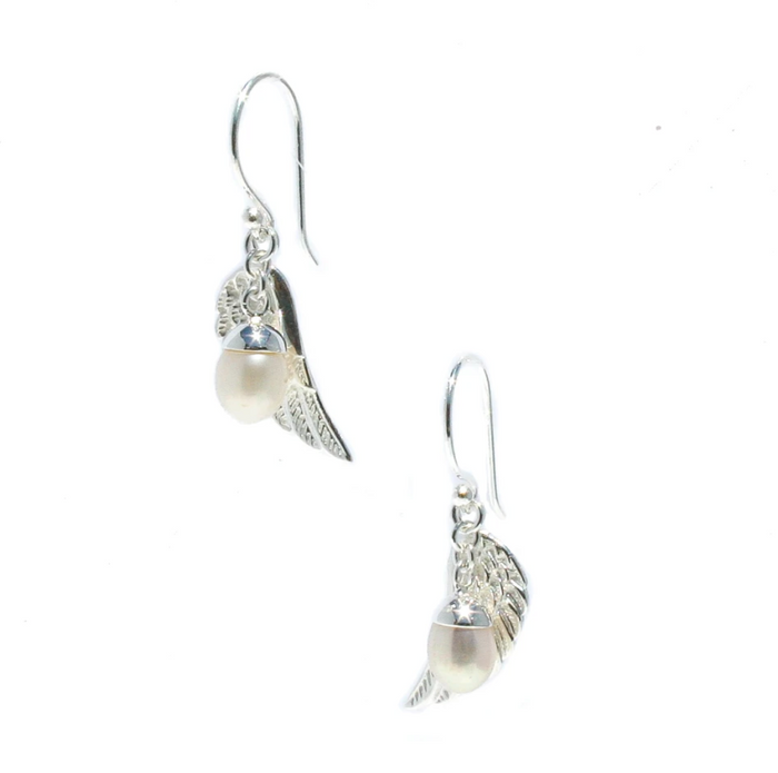 Angel wing pearl earrings sterling silver freshwater pearl drop