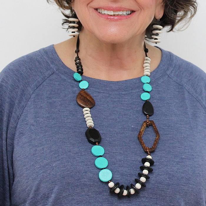 Aqua Wood Bead Gabby Necklace - Sylca Designs - Chunky Jewelry