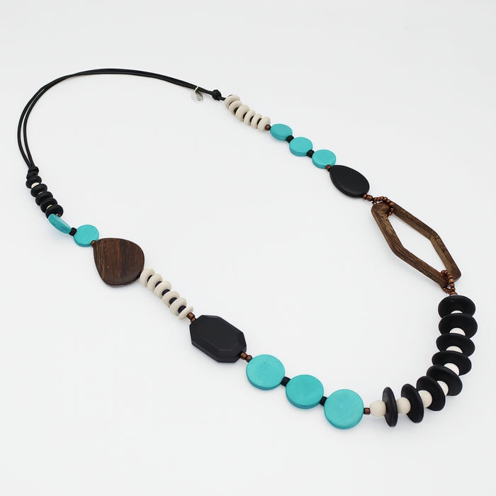 Aqua Wood Bead Gabby Necklace - Sylca Designs - Chunky Jewelry