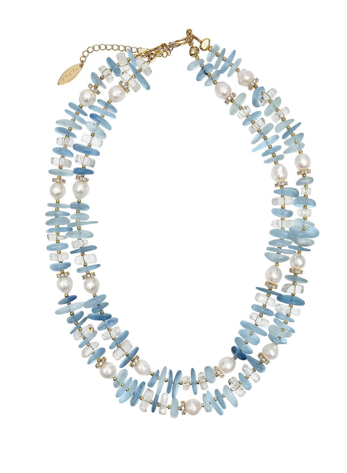 Aquamarine With Freshwater Pearls Double Layers Necklace PN025