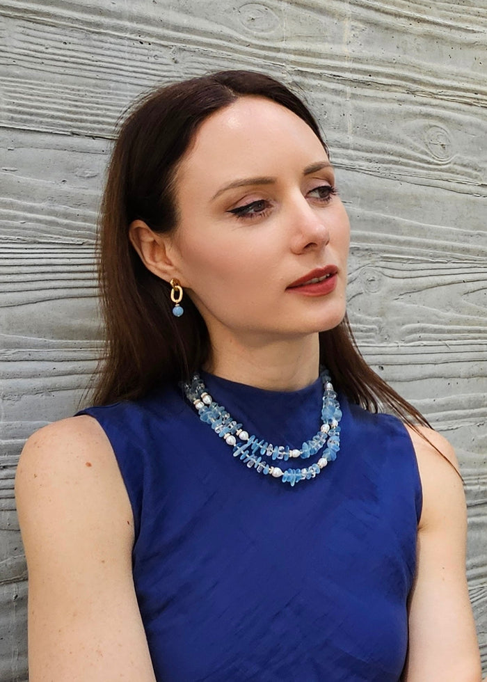 Aquamarine With Freshwater Pearls Double Layers Necklace PN025