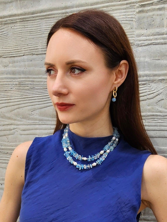 Aquamarine With Freshwater Pearls Double Layers Necklace PN025