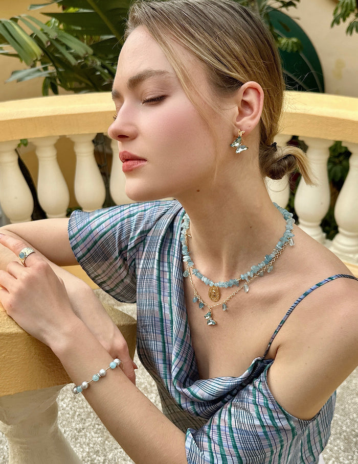 Aquamarine With Gay Freshwater Pearls Adjustable Bracelet LB006 - FARRA