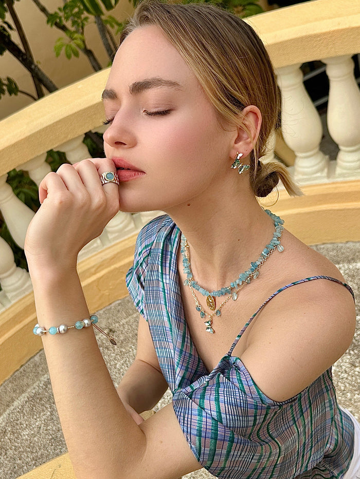 Aquamarine With Gay Freshwater Pearls Adjustable Bracelet LB006 - FARRA