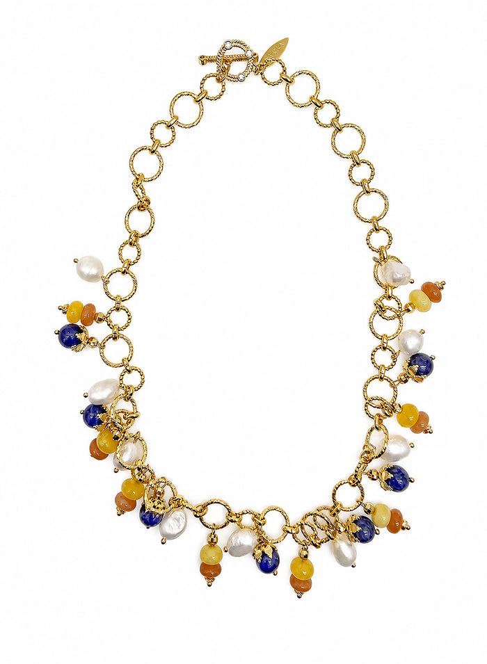 Artistic Colorful Gemstone With Freshwater Pearl Charms Statement Necklace SN021