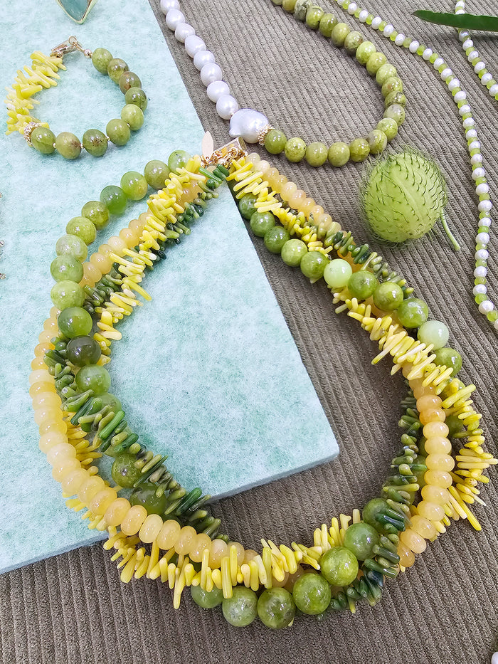 Artistic Green And Yellow Gemstone Multi-Layer Chunky Necklace SN035