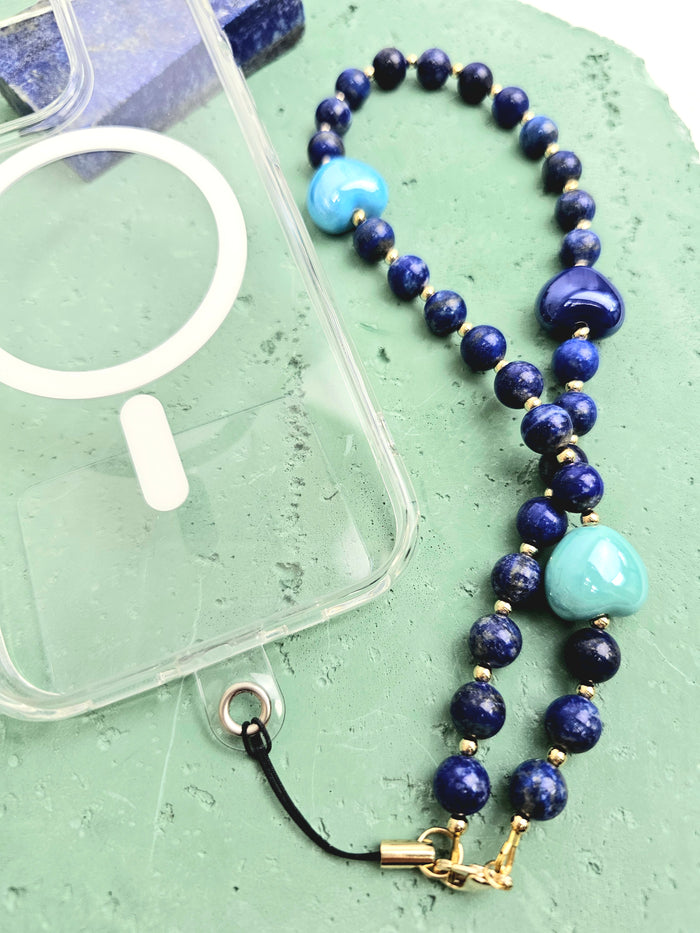 Artistic Lapis With Blue Ceramic Hearts Phone Strap PC026