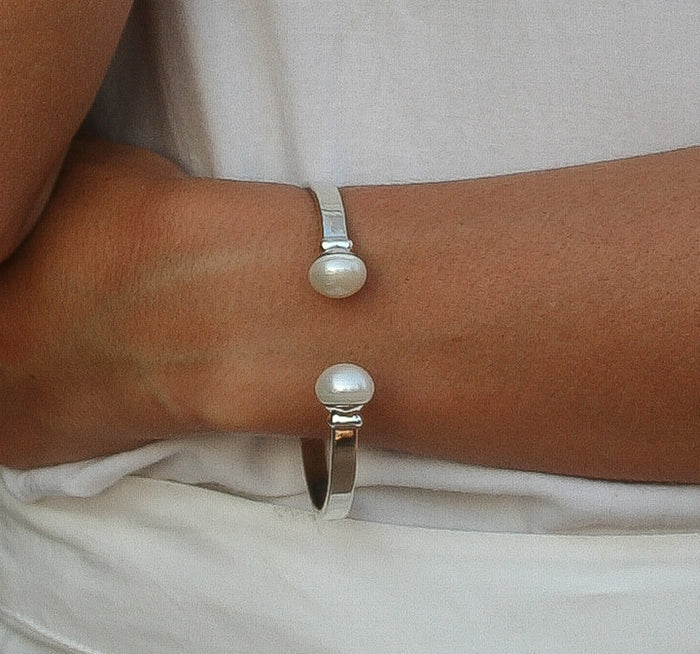 silver cuff with pearl detail designed in broome western australia by Lush Designs