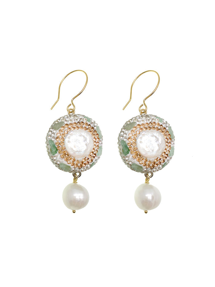 Aventurine Rhinestone With Freshwater Pearl Dangle Earrings GE015 - FARRA