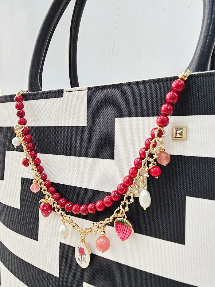 Bamboo Coral With Strawberry & Rose Layers Chain Bag Charm