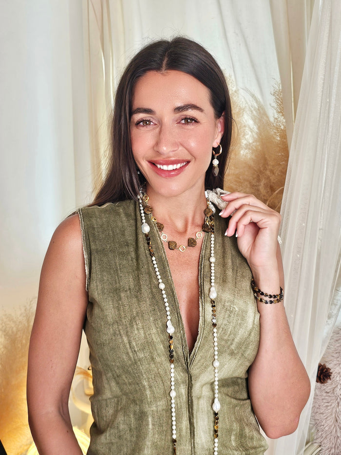 Baroque Freshwater Pearls With Heart Tiger-Eye Stone Long Necklace QN009