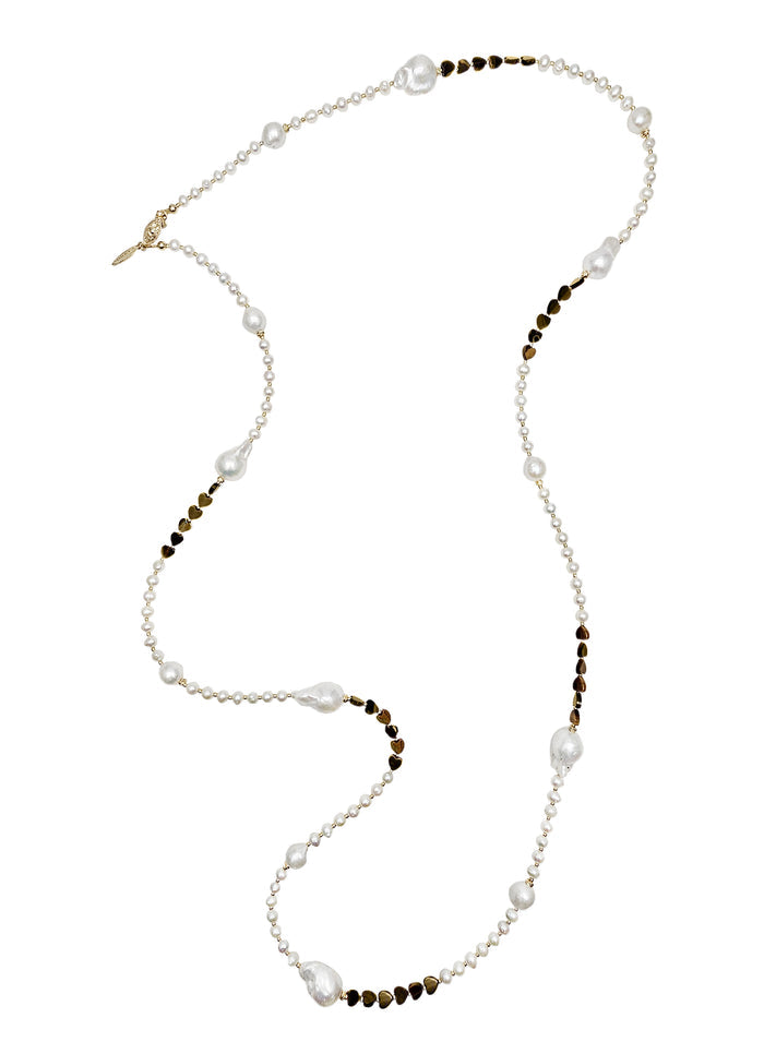 Baroque Freshwater Pearls With Heart Tiger-Eye Stone Long Necklace QN009