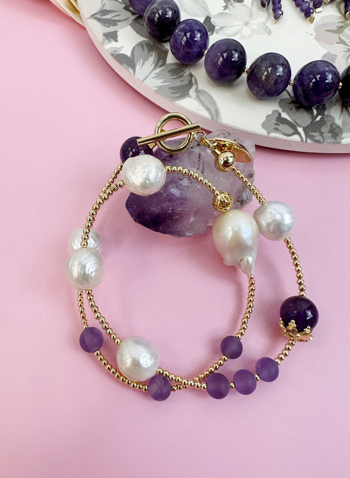 Baroque Pearl with Amethyst Double Layers Bracelet/Choker JB010 - FARRA