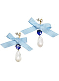 Baroque Pearl With Lapis And Silk Bowknot Earrings QE018
