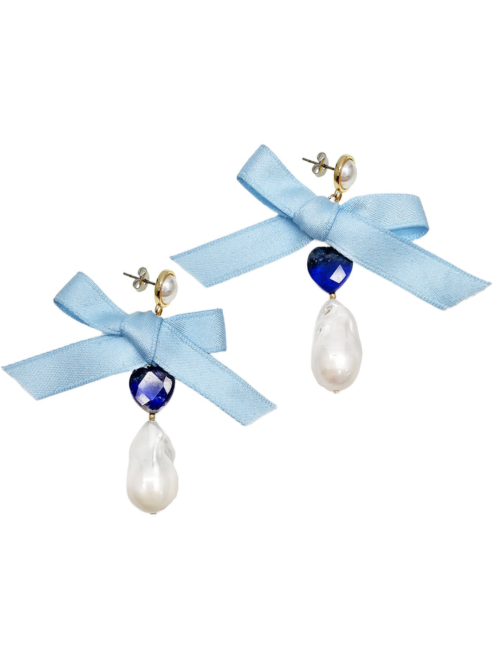 Baroque Pearl With Lapis And Silk Bowknot Earrings QE018