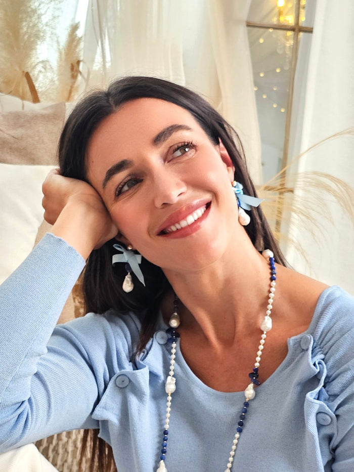 Baroque Pearl With Lapis And Silk Bowknot Earrings QE018