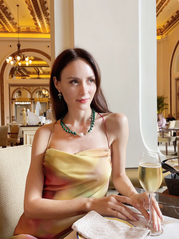 Baroque Pearl With Malachite Double Strands Statement Necklace GN015 - FARRA