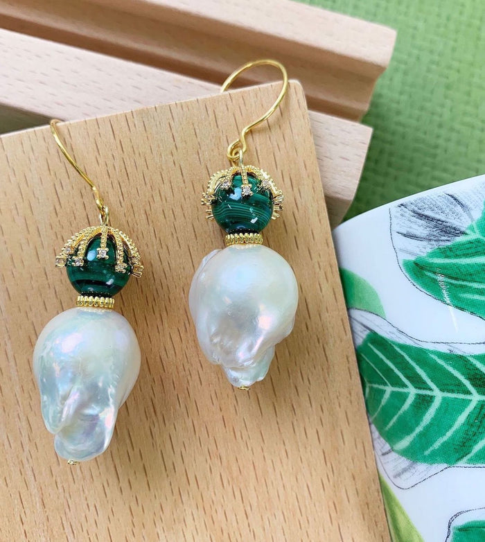 Baroque Pearl With Malachite Hook Earrings GE011 - FARRA