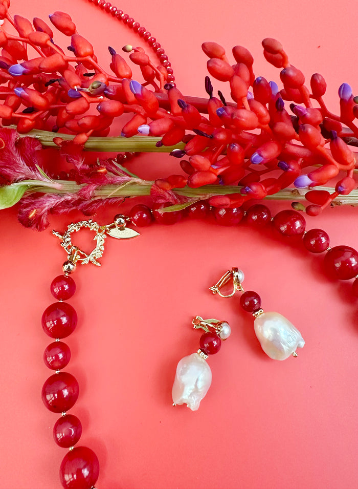 Baroque Pearl with Red Coral Clip-on Earrings JE005 - FARRA