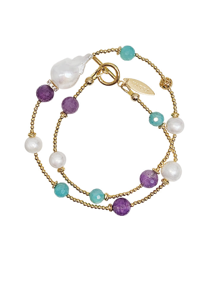 Baroque Pearls With Amazonite & Amethyst Double Layers Bracelet / Choker RB001